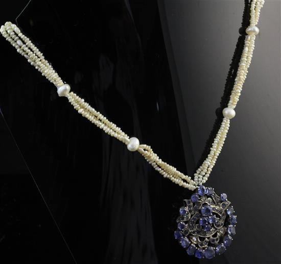 An Indian silver, sapphire and rose cut diamond pendant necklace, pendant 1.5in.